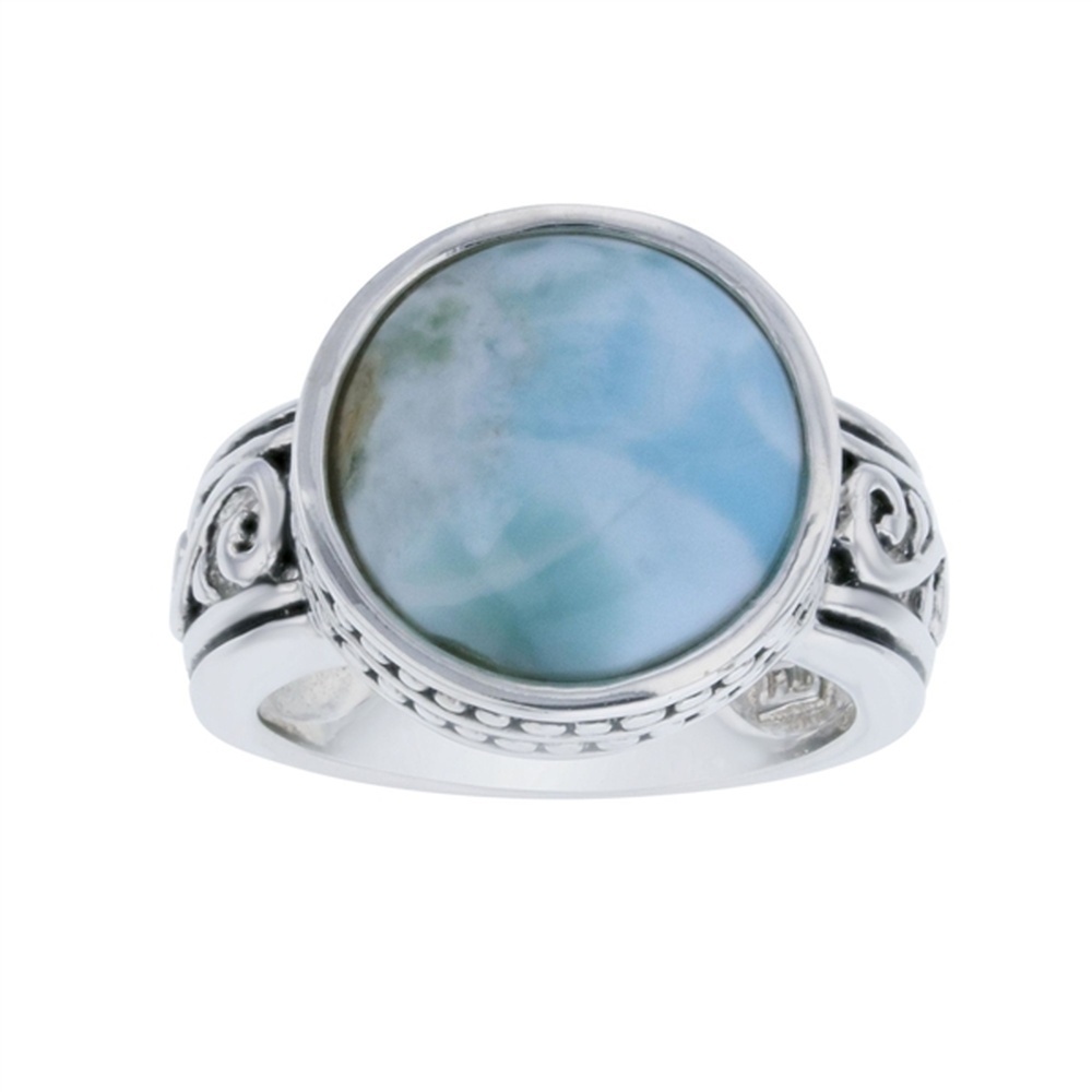 925 Sterling Silver Larimar Round Shape Dotted Frame Filigree Band Ring 7.5 gm
